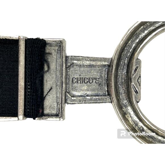Chicos Belt Leminta Black Mixed Media Leather Stretch Silver Link Buckle 35” Med - Picture 2 of 16